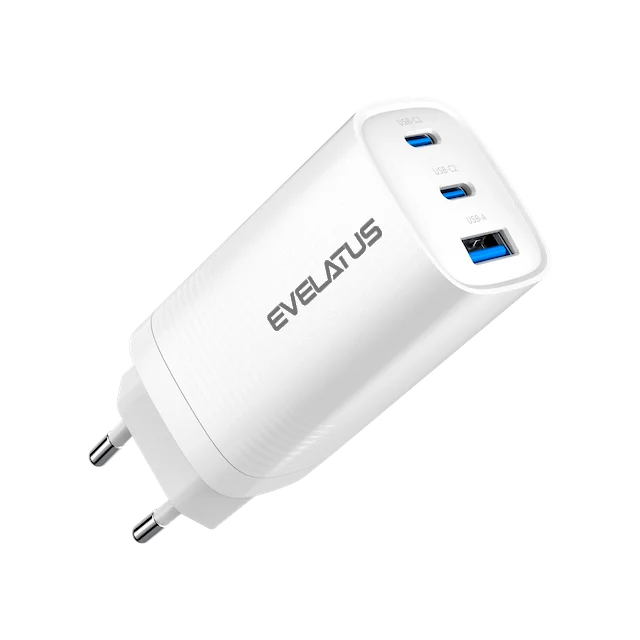 Evelatus Dual Usb-C + 1xUsb 65W GANPrime EU Charger Plug
