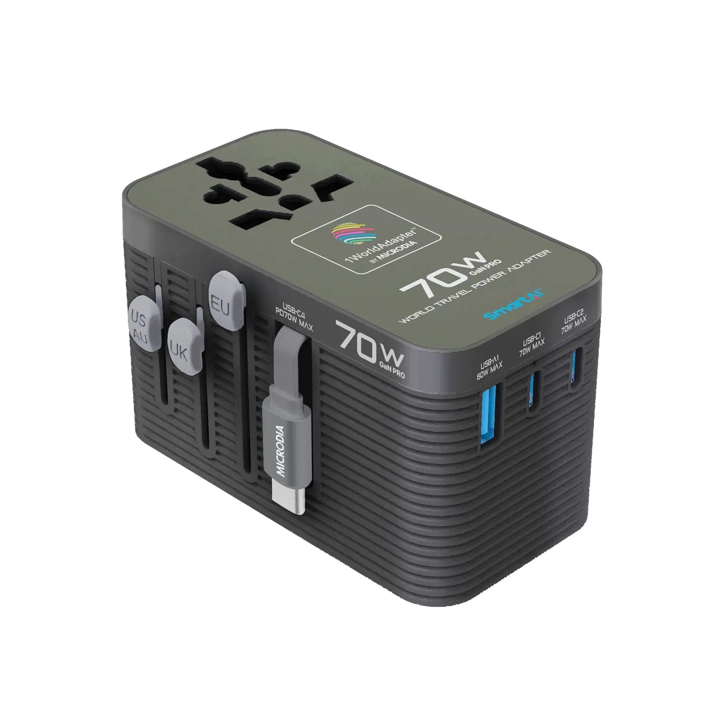 Microdia 1WorldAdapter PD70W GaN Pro With 1xUsb + Dual Usb-C + Usb-C Cable