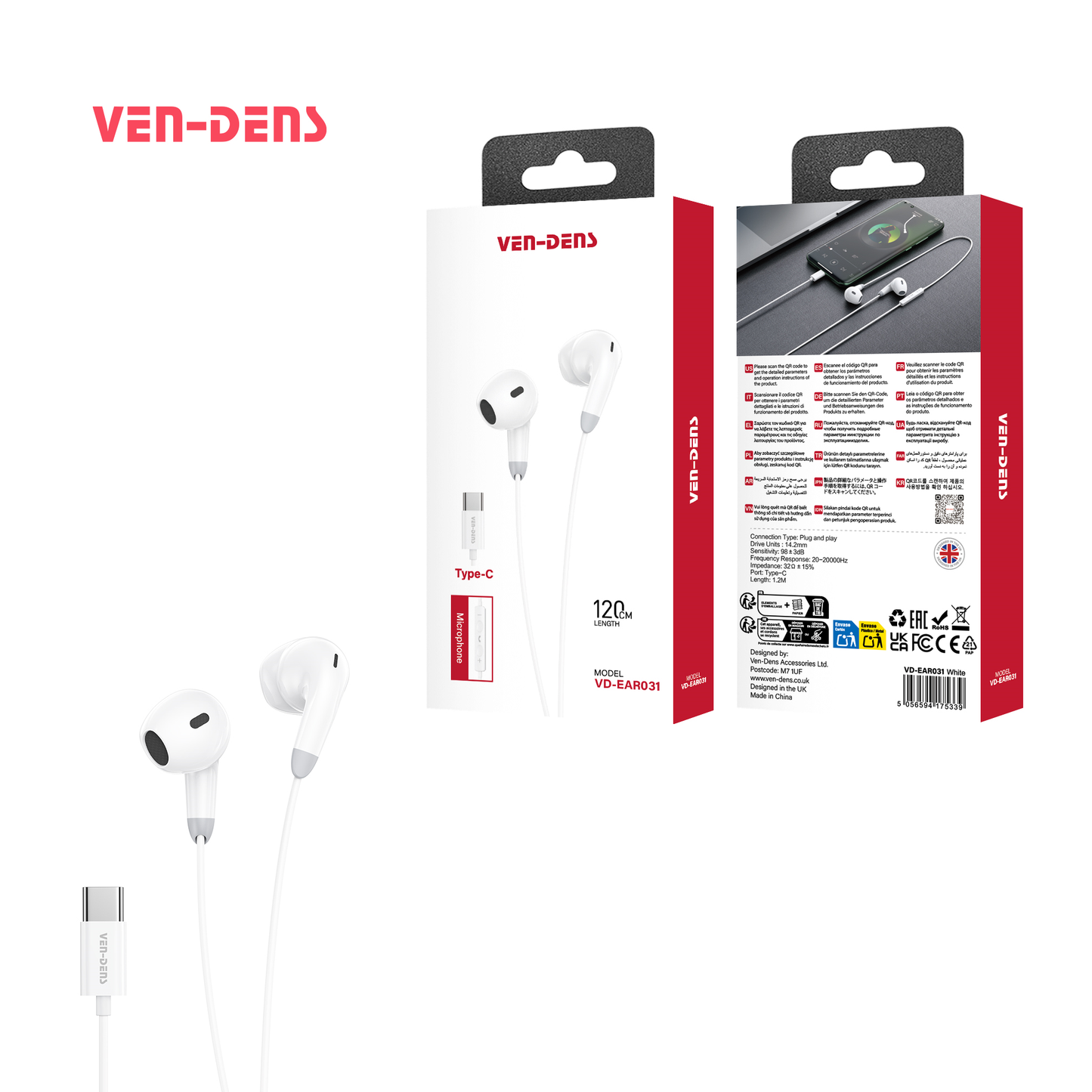Ven-Dens Usb-C 1.2m Wired Earphones VD-EAR031