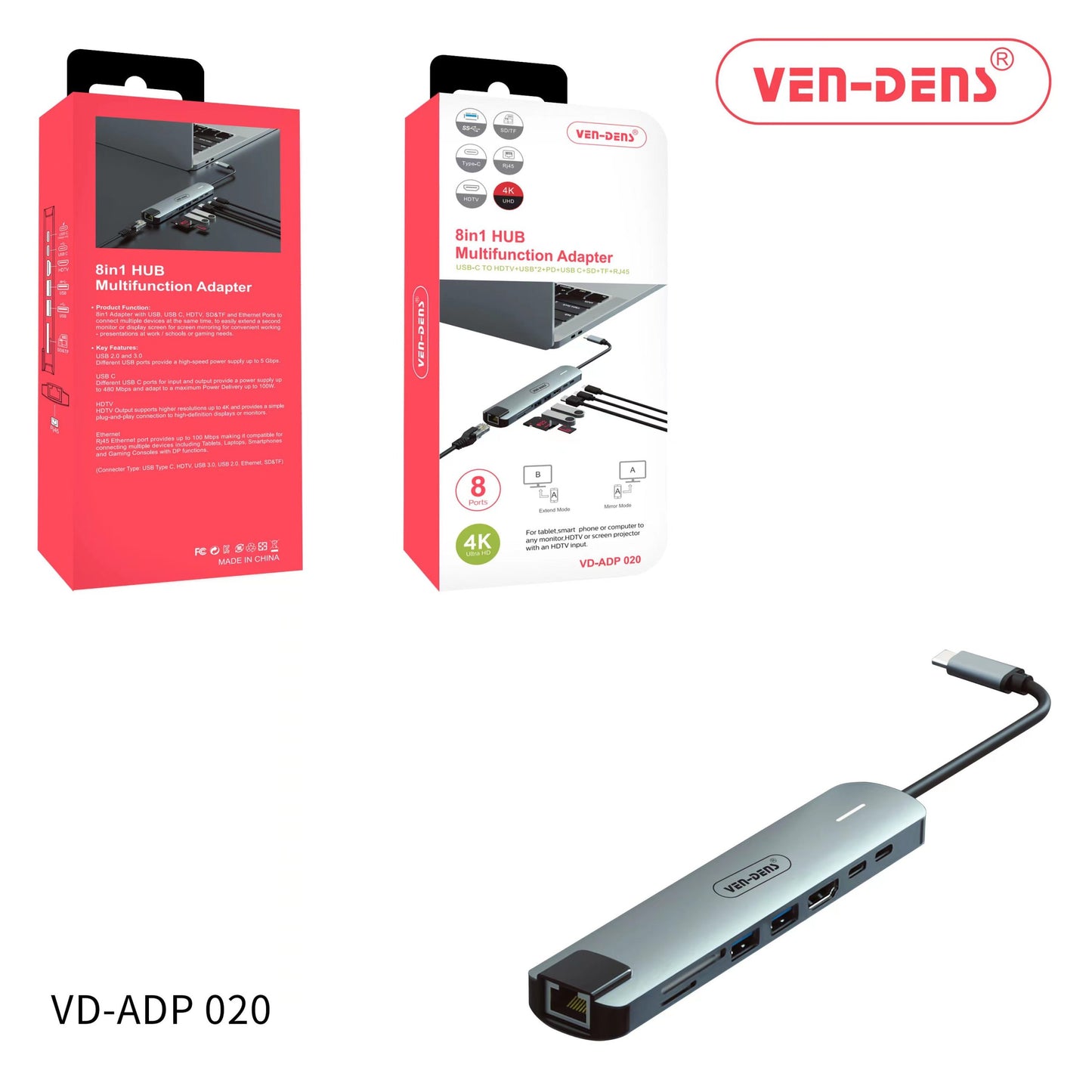 Ven-Dens 8in1 Usb-C Hub Multifunction Adapter VD-ADP020
