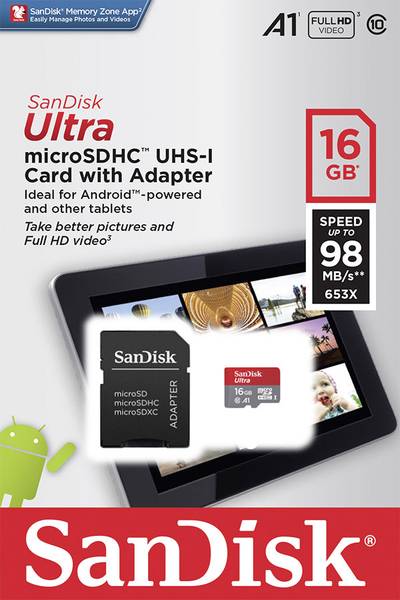 SanDisk Ultra 16GB Class 10, UHS-Class A1 rating with adapter