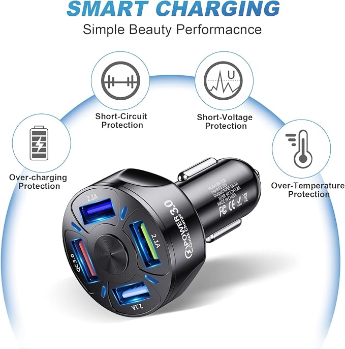 Yewseas 4x Usb Cigarette Lighter 66W Fast Charger