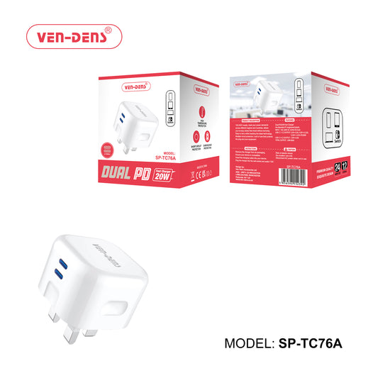 Ven-Dens 20W Dual Usb-C UK Charger Plug SP-TC76A