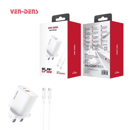 Ven-Dens 20W Usb+Usb-C UK Charger Plug + Usb-C To Usb-C Cable SP-CDK004