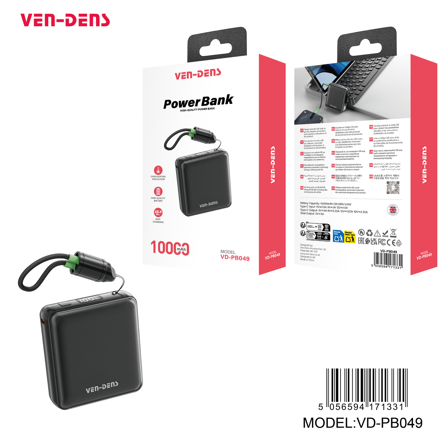 Ven-dens VD-PB049 10000mAh 22.5W Power Bank