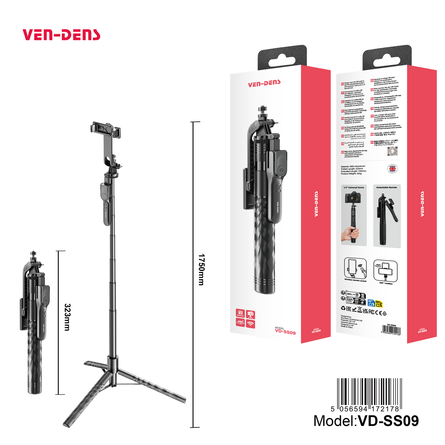 Ven-Dens Tripod Selfie Stick 2in1 for Smartphone & Camera VD-SS09